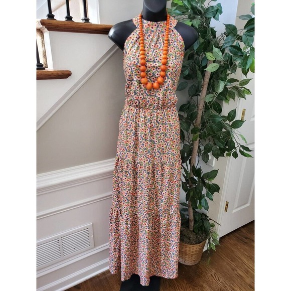 Camisa Women's Orange Floral Polyester Halter Neck Sleeveless Long Maxi Dress XL - Picture 1 of 13